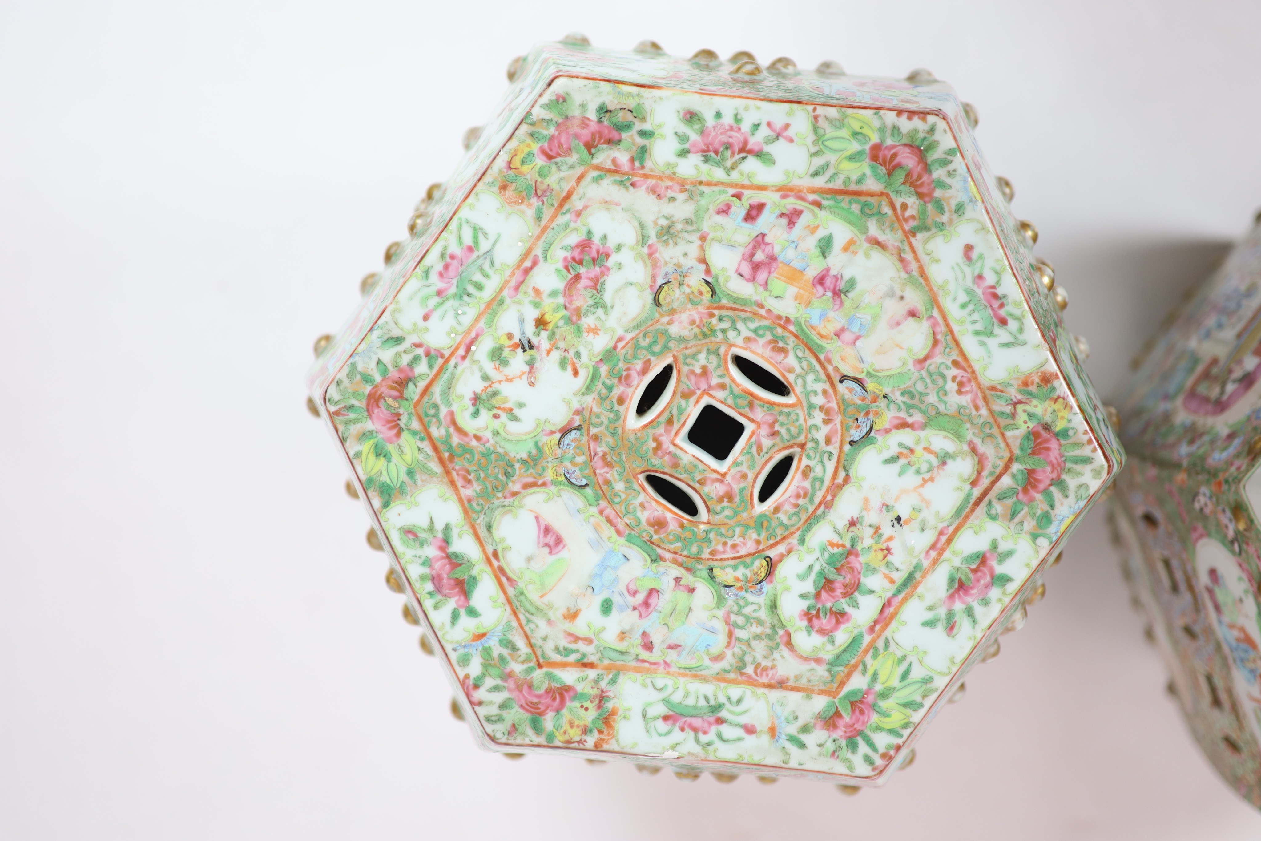 Two similar Chinese famille rose hexagonal garden seats, c.1830-50, 47 cm high